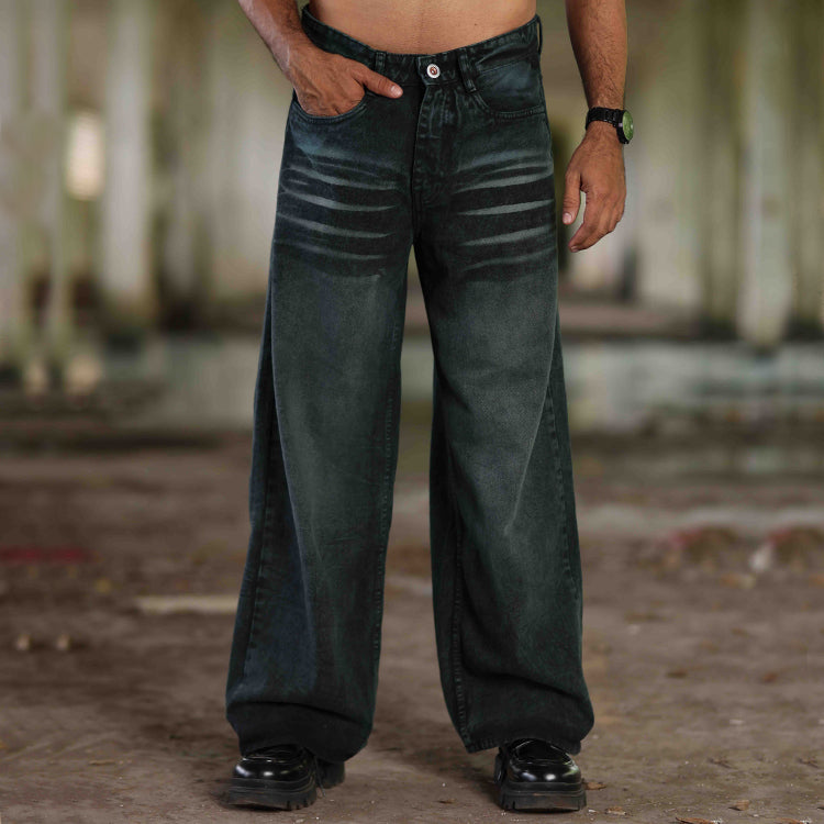 Washed Dark Green Oversized Denim Jeans