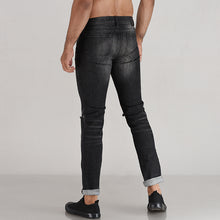 Load image into Gallery viewer, Washed Black Knee Rips Denim Jeans
